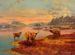 Fluffy Highlands Cows In The Sunset Highland Loch Original British Oil Painting