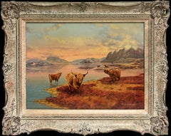 Fluffy Highlands Cows In The Sunset Highland Loch Original British Oil Painting