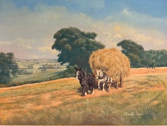 Escena de cosecha con caballos Shire Carro de heno Paisaje campestre inglés Óleo