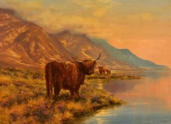 Highlands Cows In The Sunset Highland Loch Linnhe British Oil Painting