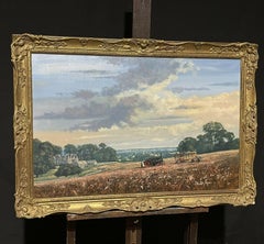 Grande peinture à l'huile originale anglaise signée - Paysage de ferme traditionnel
