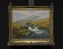 Peinture à l'huile britannique originale de la rivière des Highlands écossaises dans les montagnes, signée