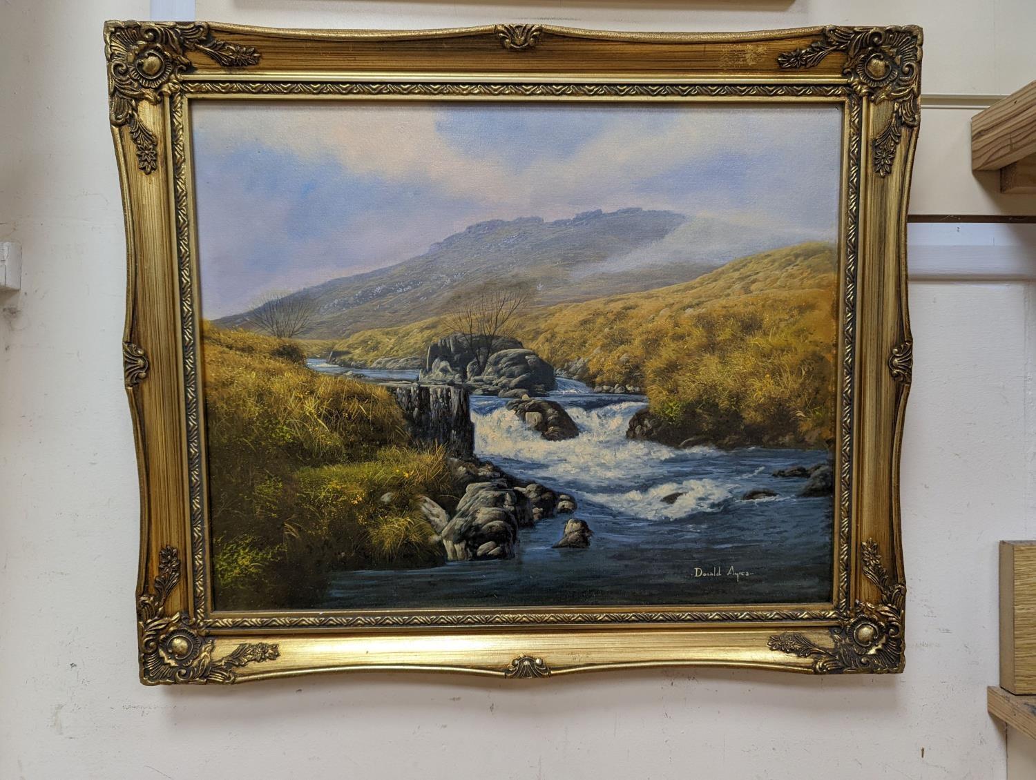 Scottish Landscape with fast flowing stream through the Mountains, signed oil - Painting by Donald Ayres