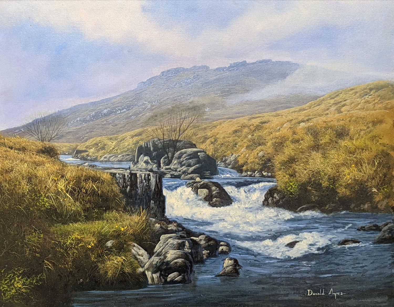 Landscape Painting di Donald Ayres - Paesaggio scozzese con ruscello che scorre veloce tra le montagne, olio firmato