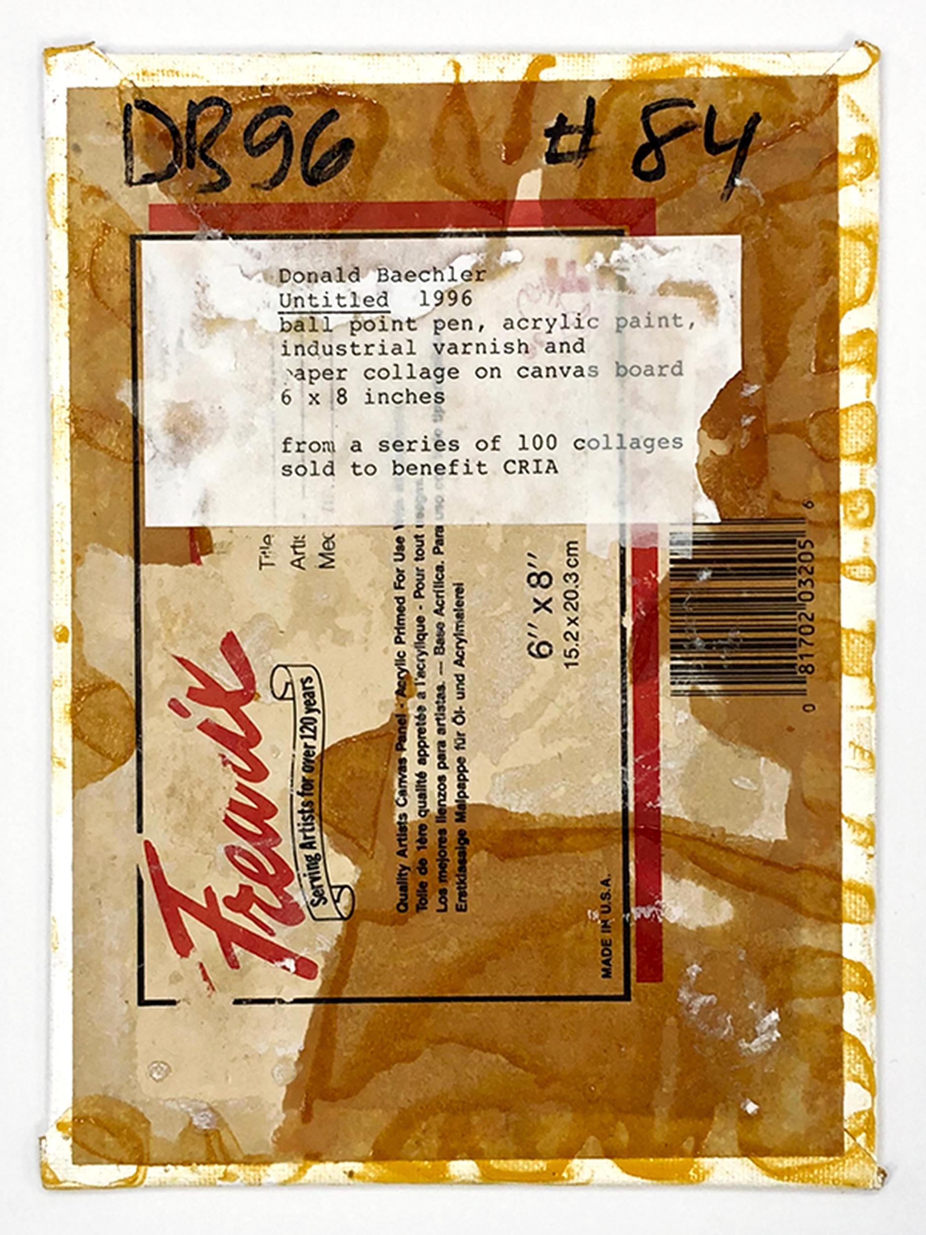 Lápiz, bolígrafo, pintura acrílica, barniz industrial y collage de papel sobre tablero de lienzo. Firmado a mano, fechado y numerado en el reverso por Donald Baechler. De una serie de 100 obras únicas de collage creadas a beneficio de CRIA. Tamaño
