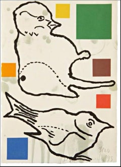 Birds (charming, small edition realist and abstract lithograph by Pop artist)