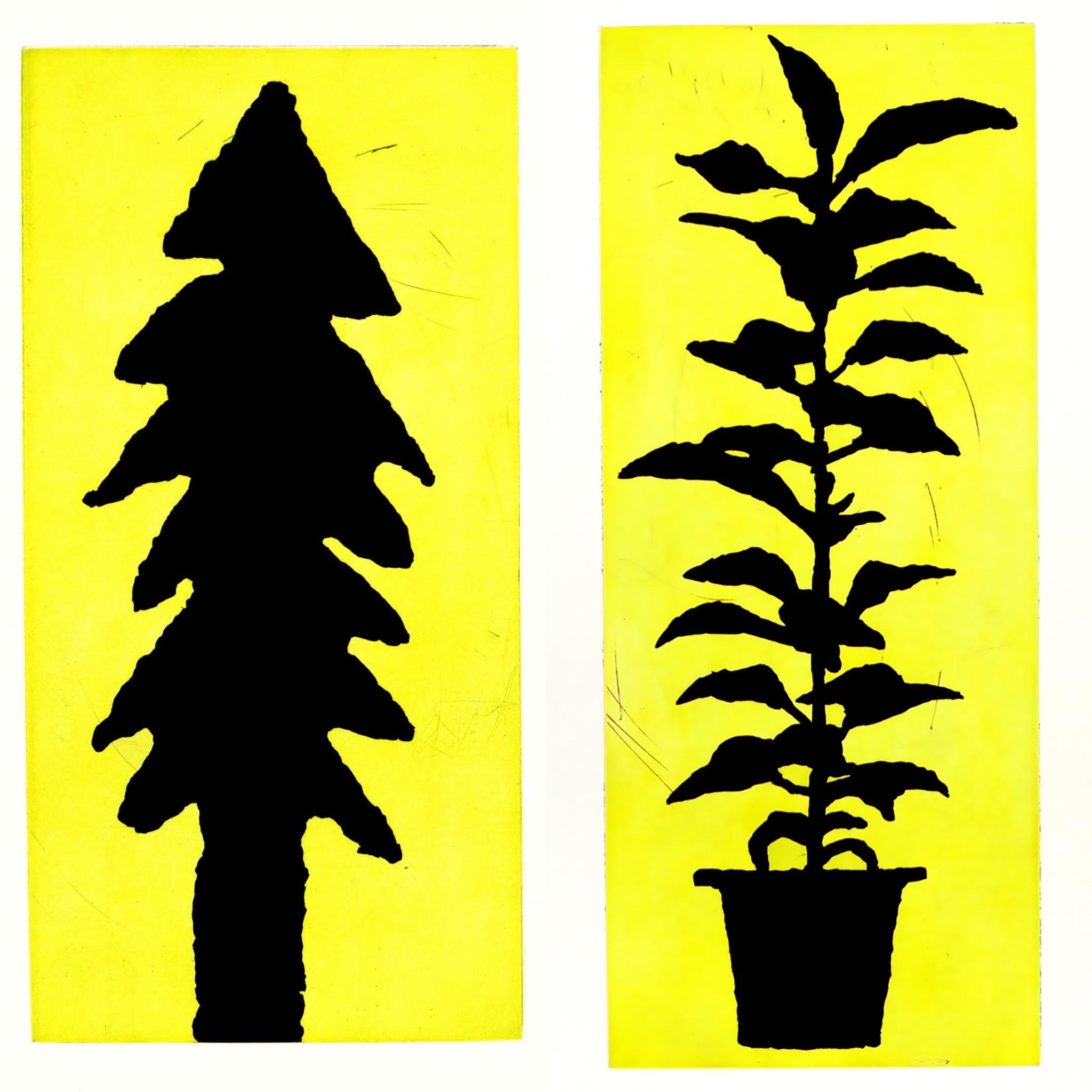 Donald Baechler 2005: a set of 2 works:
A set of two highly decorative signed limited edition Donald Baechler prints sure to standout in any setting. Included in the set:

Donald Baechler Blue Spruce 2005:
Aquatint and drypoint, on Somerset