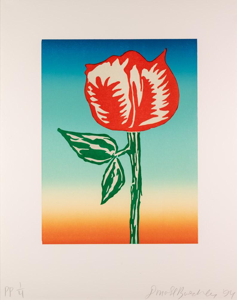 Donald Baechler's "Untitled #3" from 1994 is a woodcut print on paper. The work depicts a red tulip or perhaps rose on a gradient of color, and is from a portfolio of 7 prints entitled "Days of the Week;" a flower for each day of the week. It is