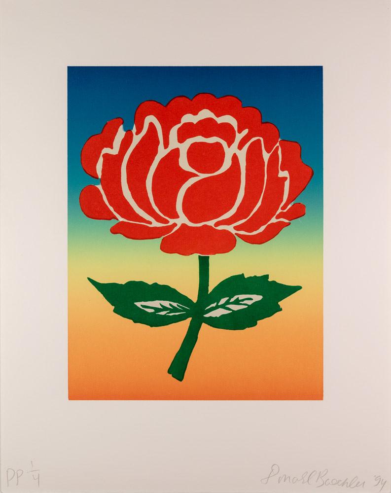 Donald Baechler's "Untitled #4" from 1994 is a woodcut print on paper. The work depicts a red peony on a gradient of color, and is from a portfolio of 7 prints entitled "Days of the Week;" a flower for each day of the week. It is from an edition of
