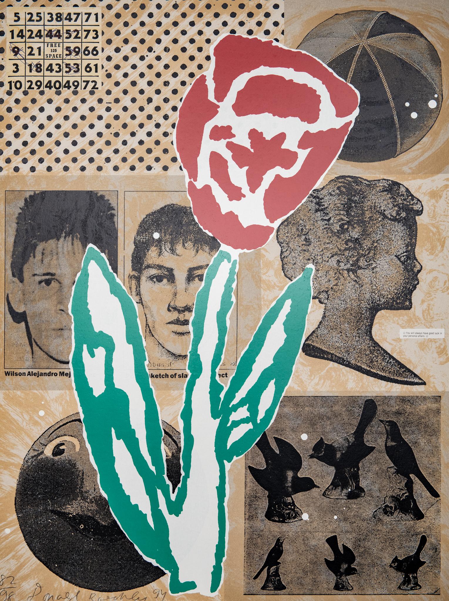 Color screenprint and collage of "Flower" by Donald Baechler.
Neo-expressionism and pop-art