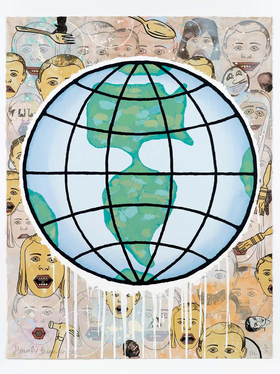 "Lincoln Center Globe" by Donald Baechler (Globe, Faces, Map, Screen print)