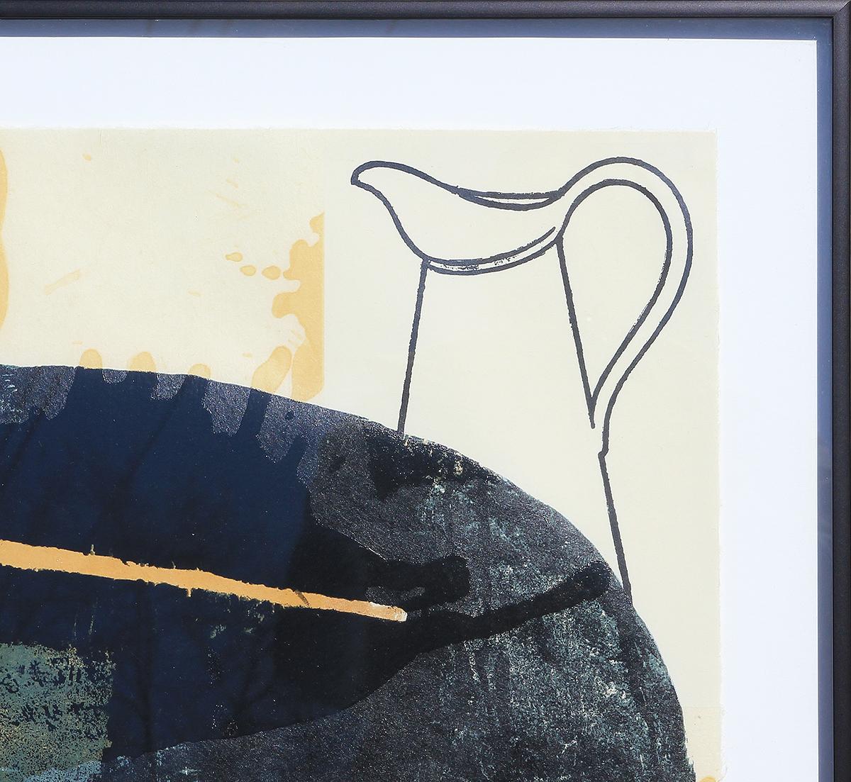 Surreal contemporary silkscreen on Korean Kozo paper of a man next to a floating onion by New York artist Donald Baechler. Part of a series of works incorporating male portraits and onions, this piece incorporates line drawings of a pitcher and a