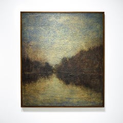 Twilight Reflection: Abstraktes Landschaftsgemälde mit Wasser und mondbeschienenem Himmel