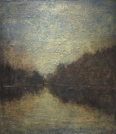 Twilight Reflection: Abstracted Landscape Painting of Water and Moonlit Sky 
