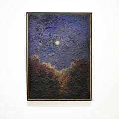 Walking on the Moon: Large Abstracted Landscape Painting of Full Moon & Blue Sky