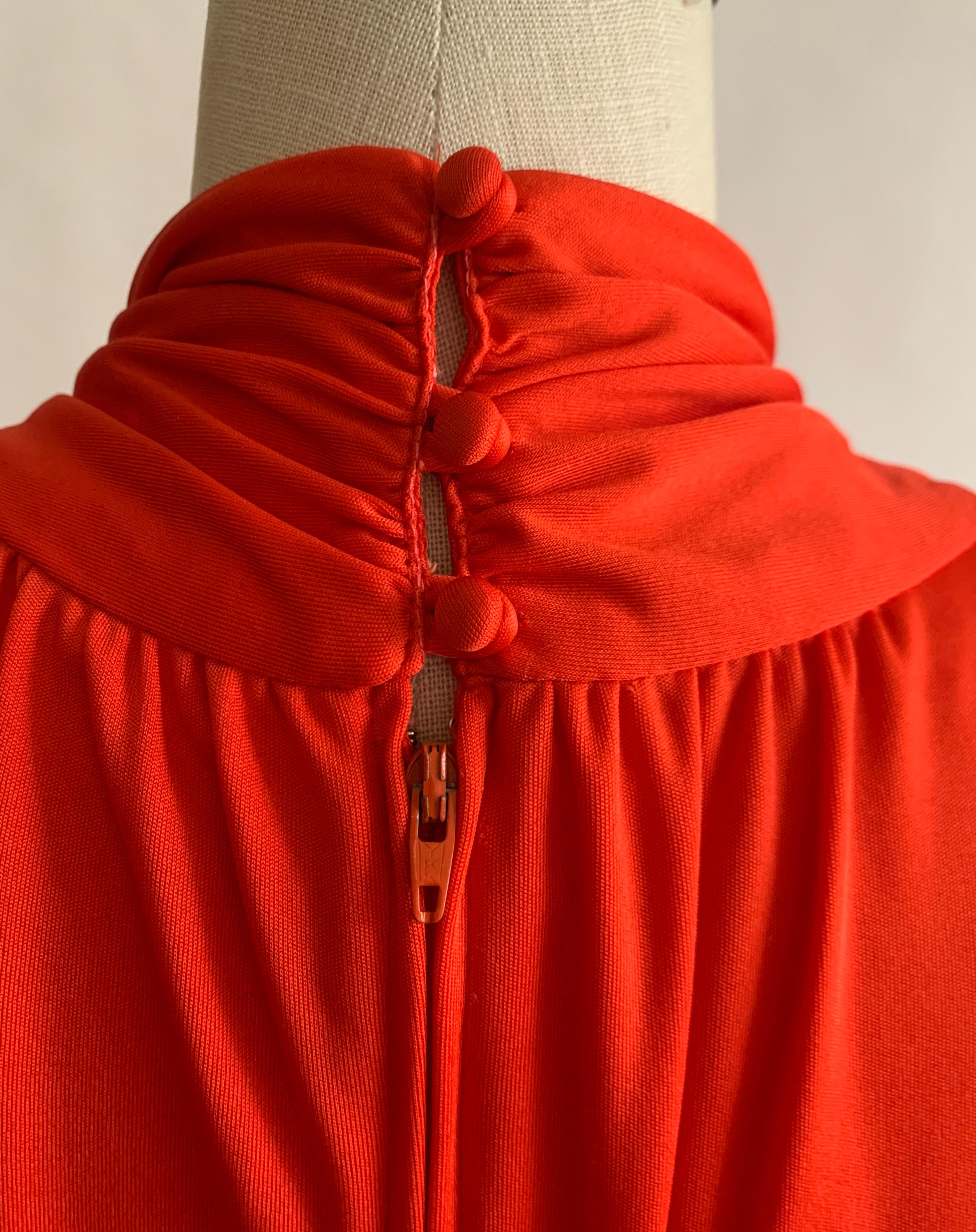 Women's Donald Brooks 1970s Red Orange Jersey Maxi Dress and Shawl with Quilted Detail