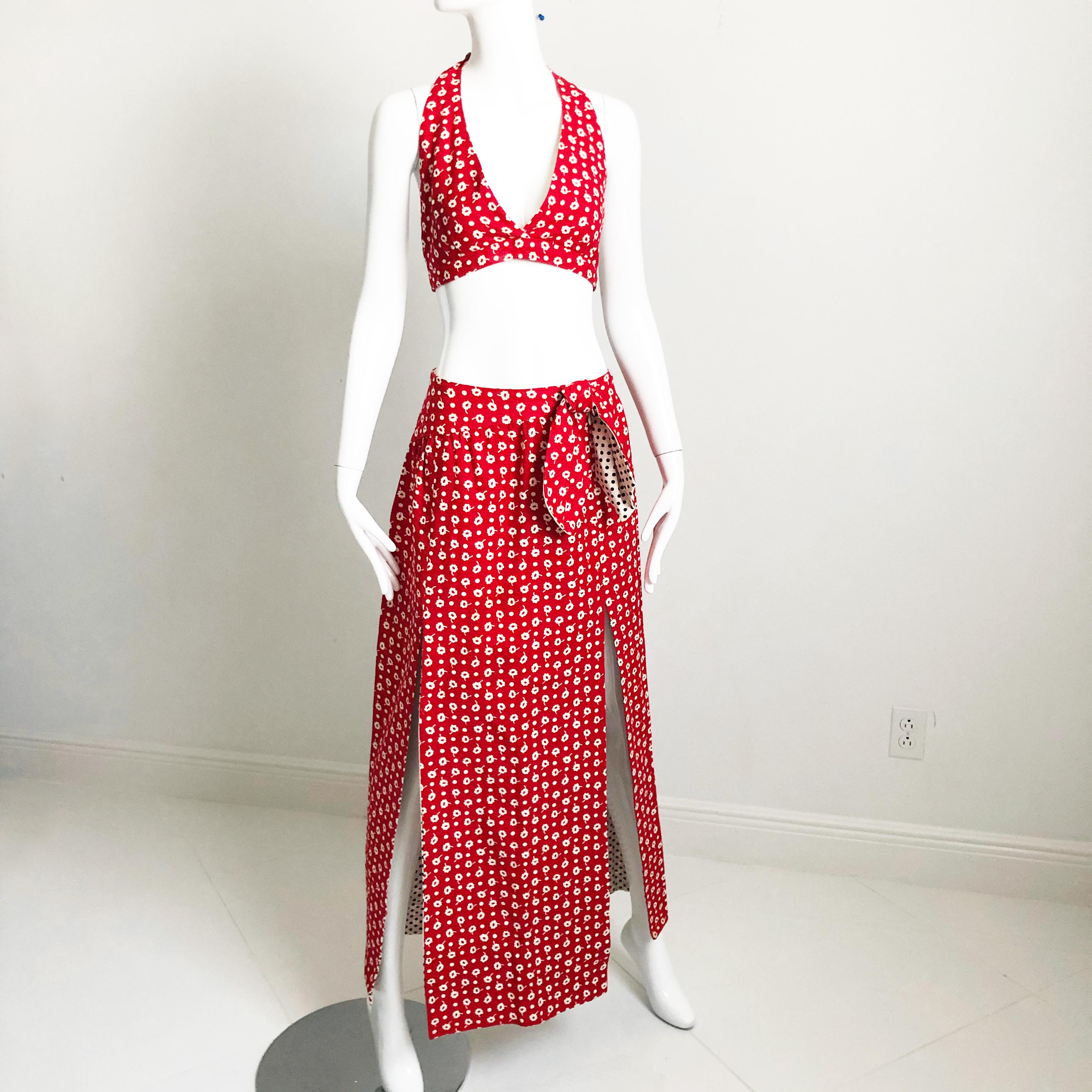 Vintage 60s Donald Brooks Halter Top & Maxi Skirt 2pc Set.  Perfect for the pool or beach! Made from what we believe is textured cotton knit (no content label), the fabric is textured with red scallops and tiny white florals throughout. Both pieces