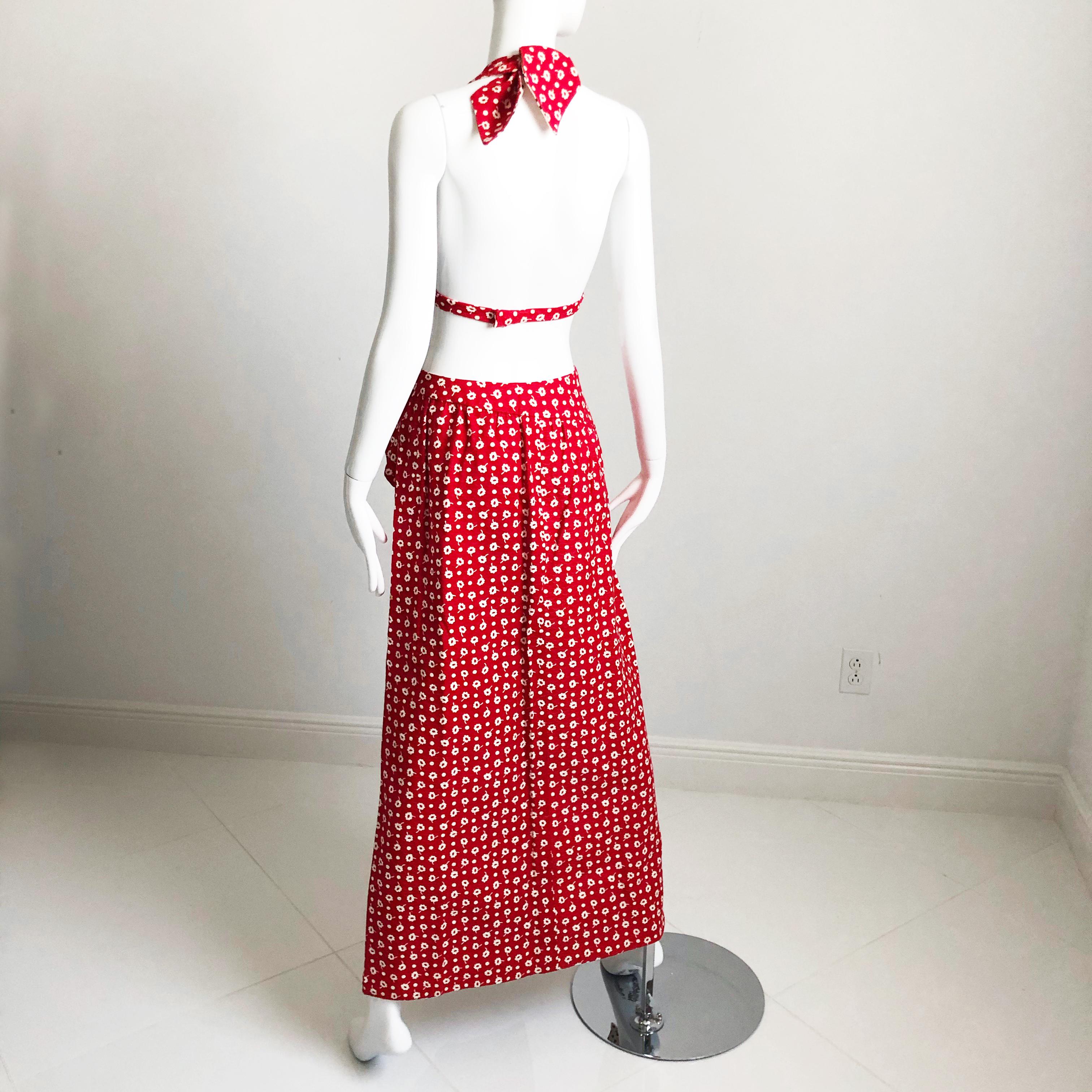Donald Brooks Boutique Halter Top & Maxi Skirt 2pc Set Red White Floral Sz M 60s In Good Condition In Port Saint Lucie, FL