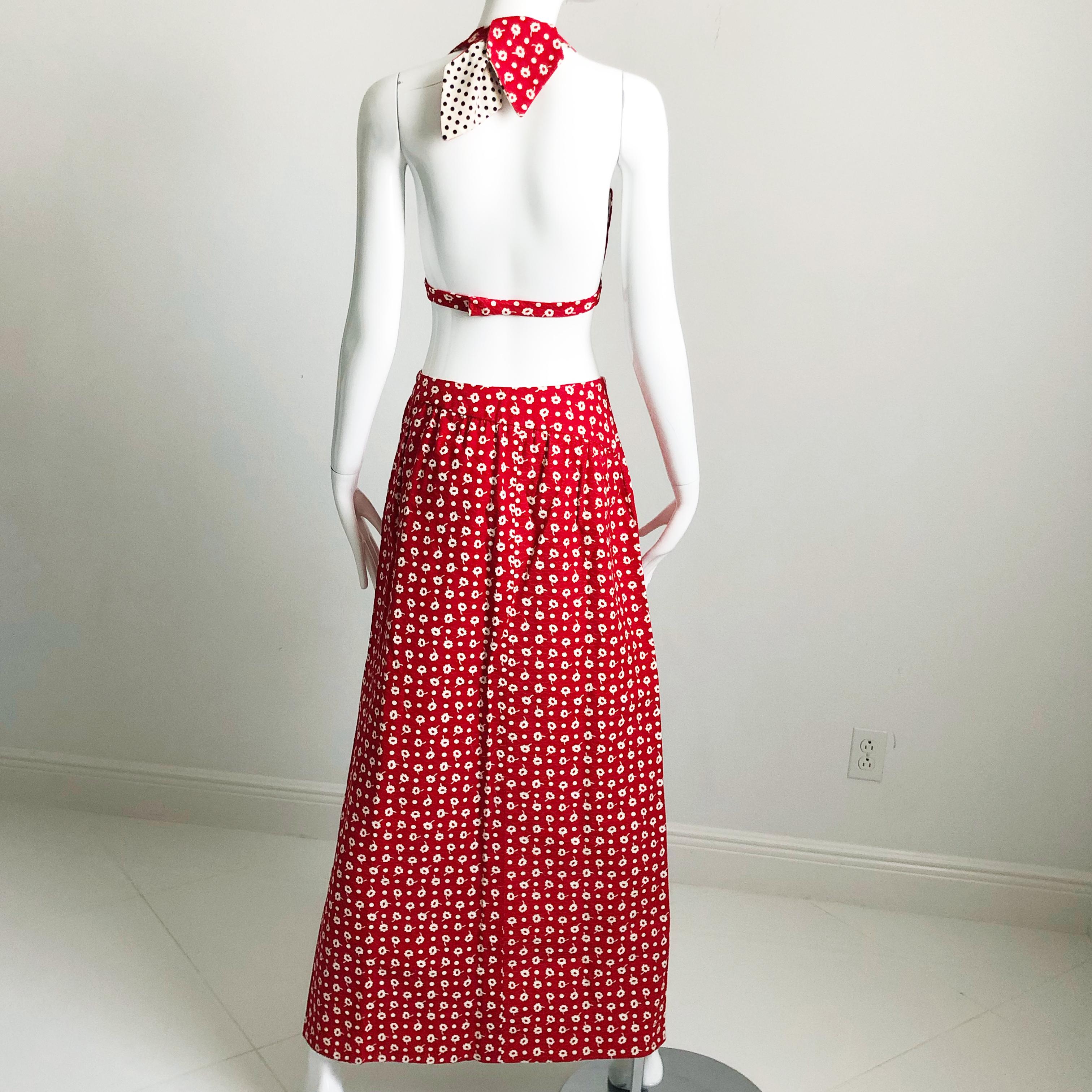 Women's Donald Brooks Boutique Halter Top & Maxi Skirt 2pc Set Red White Floral Sz M 60s