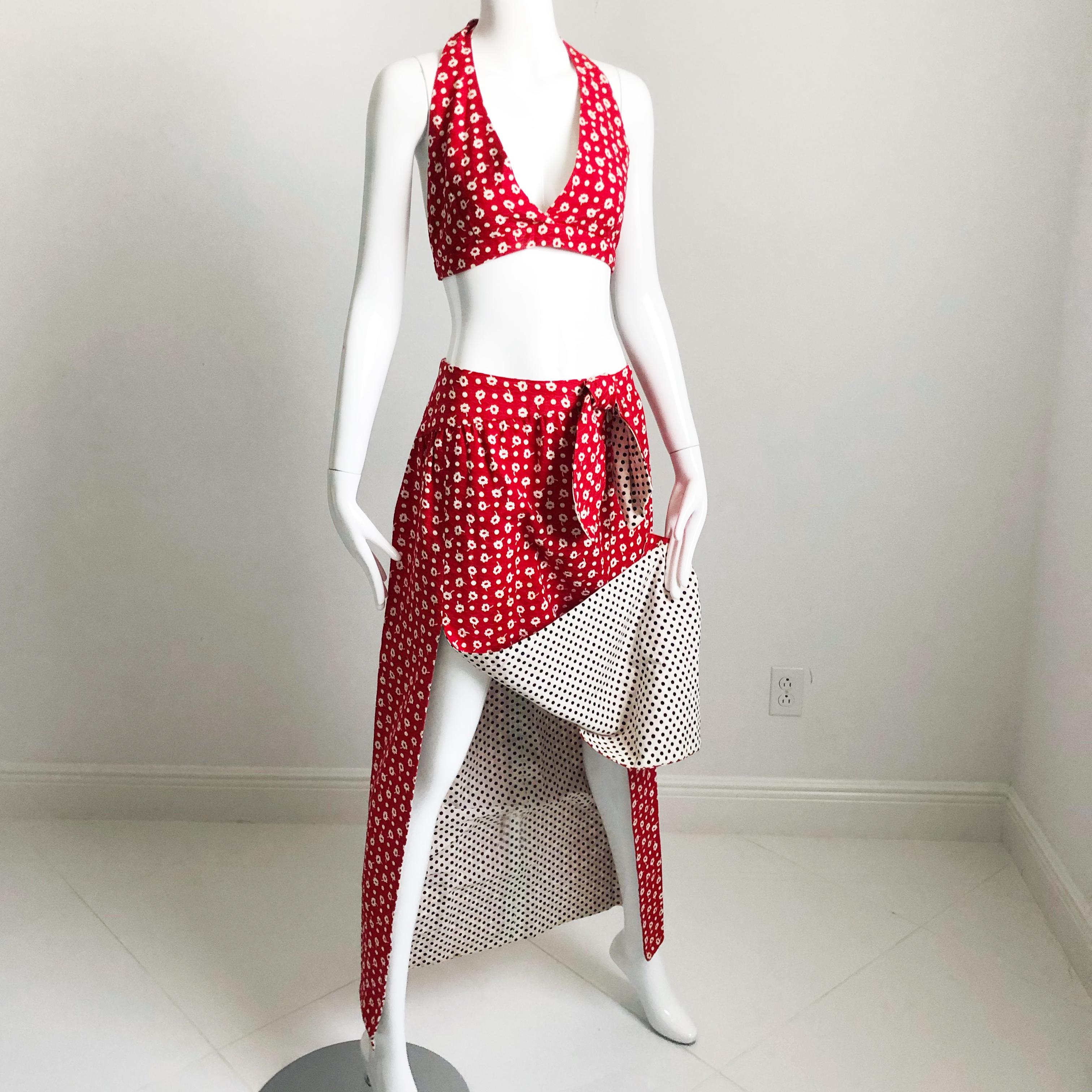 Donald Brooks Boutique Halter Top & Maxi Skirt 2pc Set Red White Floral Sz M 60s 1