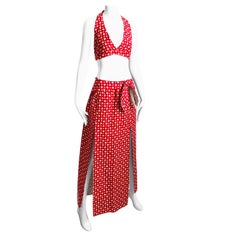 Retro Donald Brooks Boutique Halter Top & Maxi Skirt 2pc Set Red White Floral Sz M 60s