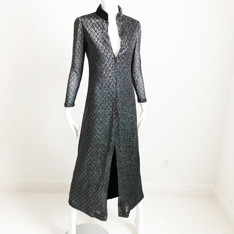 Vintage Donald Brooks Boutique Metallic Diamond Pattern Maxi Dress with zip front and large front vent, likely made in the early 70s. Made from a black & silver metallic or Lurex fabric, the bodice and skirt are lined in black crepe, the sleeves are