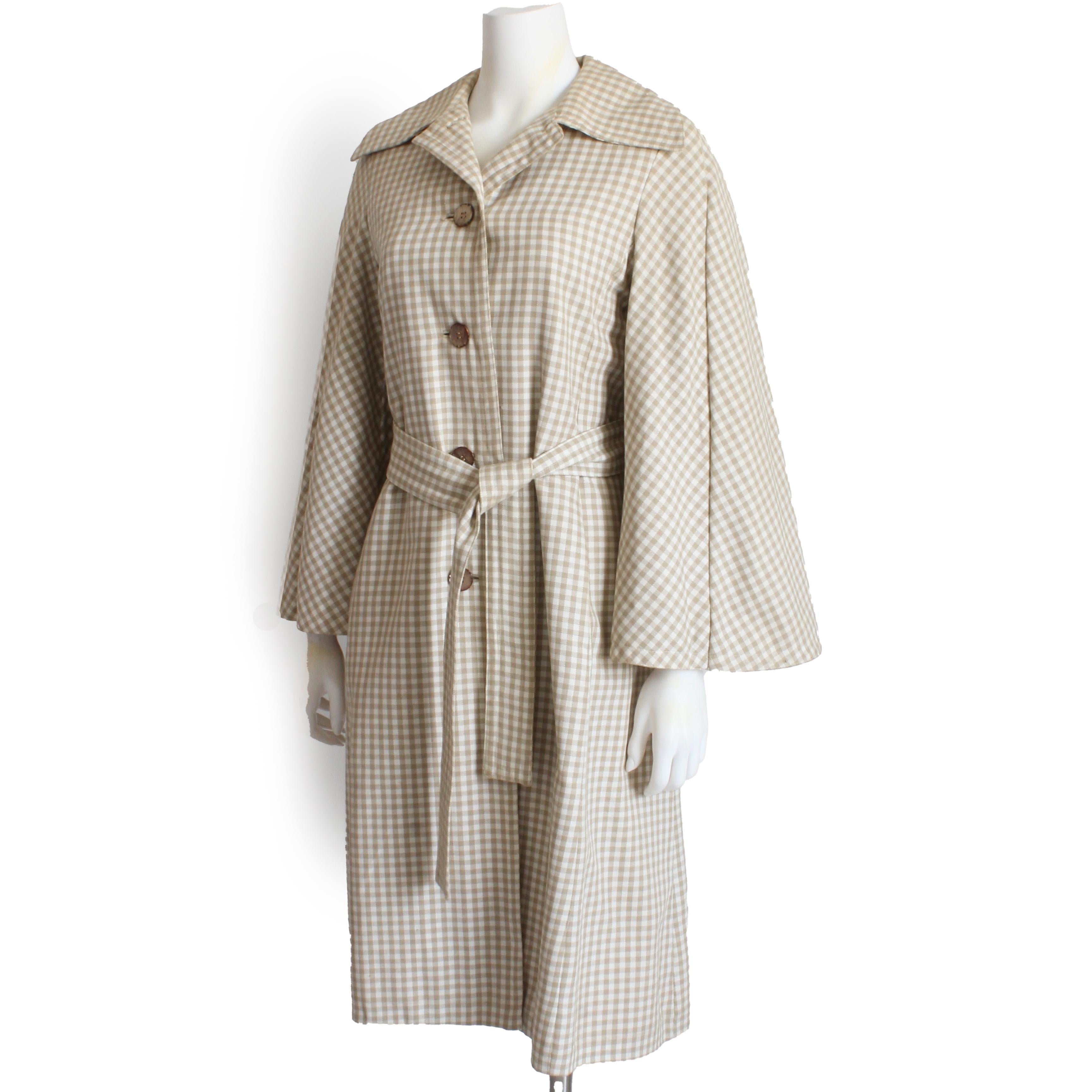Donald Brooks Jacket with Caplet Trench Style Tan White Check Pattern Vintage  For Sale 1