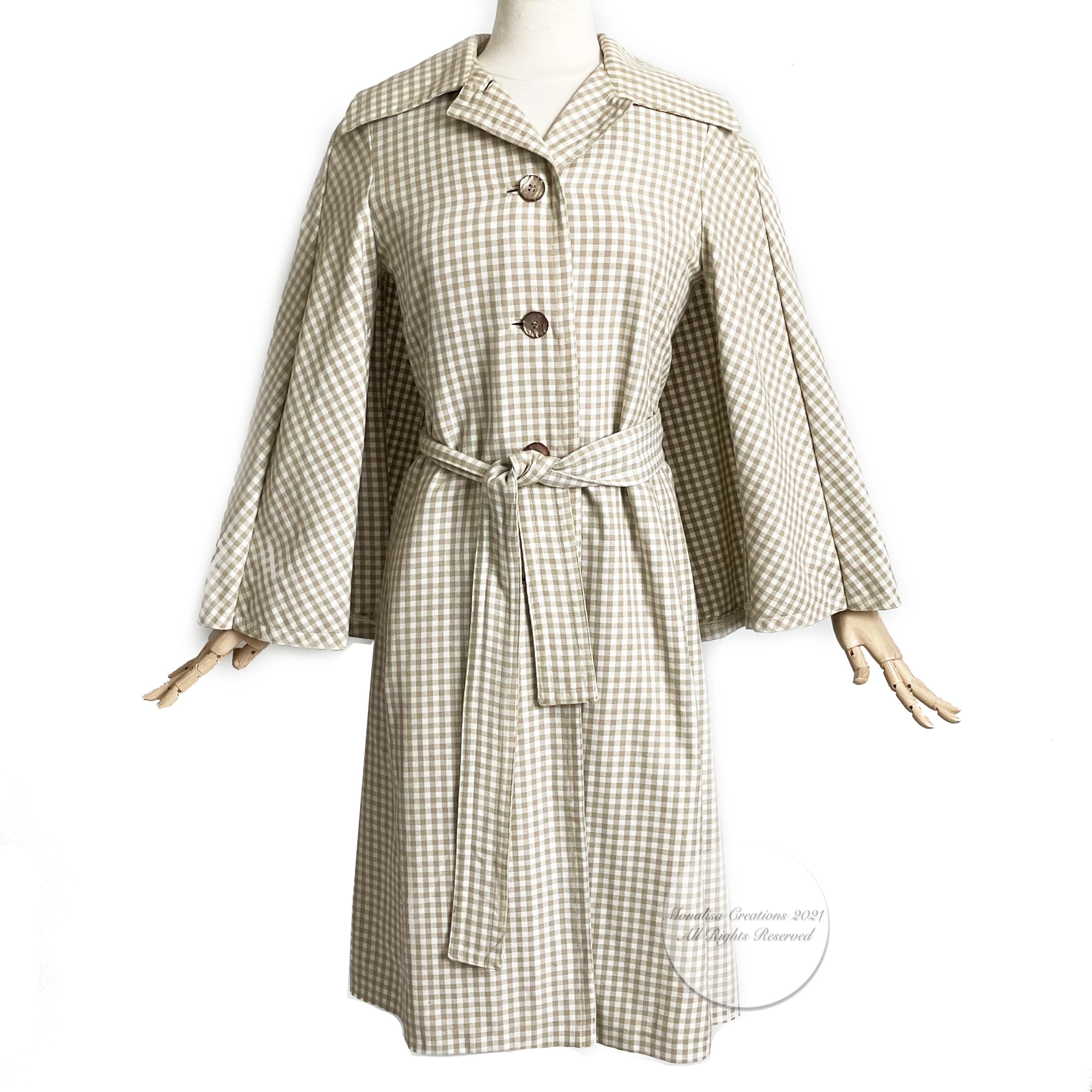 Beige Donald Brooks Trench Coat Jacket with Caplet Check Pattern Vintage 70s 