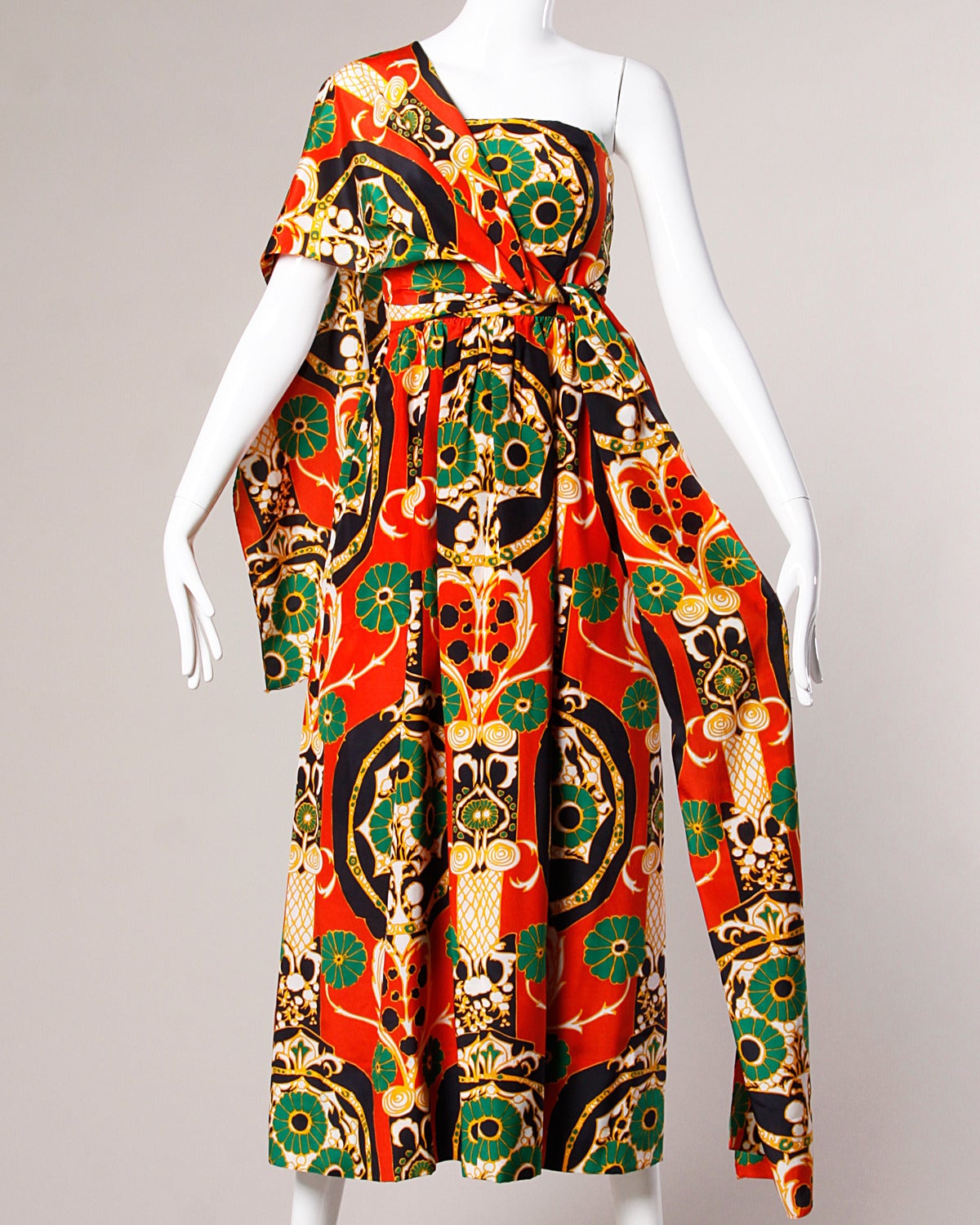 Brown Donald Brooks Vintage 1970s Asian-Inspired Silk Print Gown + Cape Ensemble For Sale