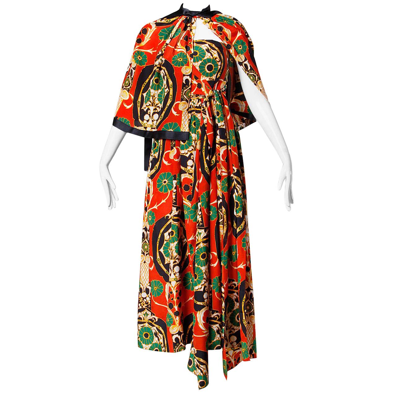 Donald Brooks Vintage 1970s Asian-Inspired Silk Print Gown + Cape Ensemble