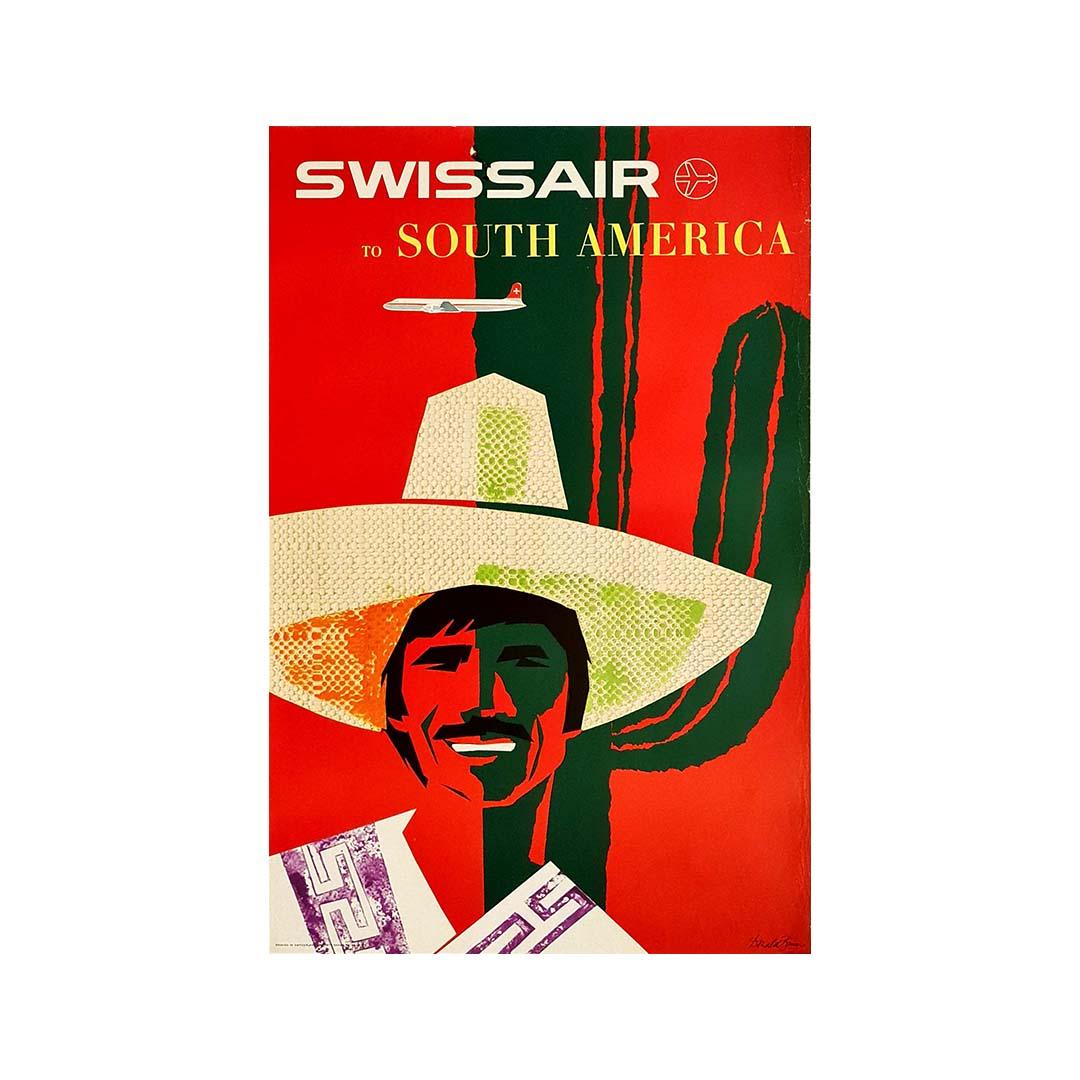 Originalplakat von Brun 🇨🇭 (1909-1999), der zahlreiche Plakate geschaffen hat, die die Geschichte des Schweizer Grafikdesigns geschrieben haben und heute international anerkannt sind.
Dieses Plakat wurde für die 2001 in Konkurs gegangene SwissAir