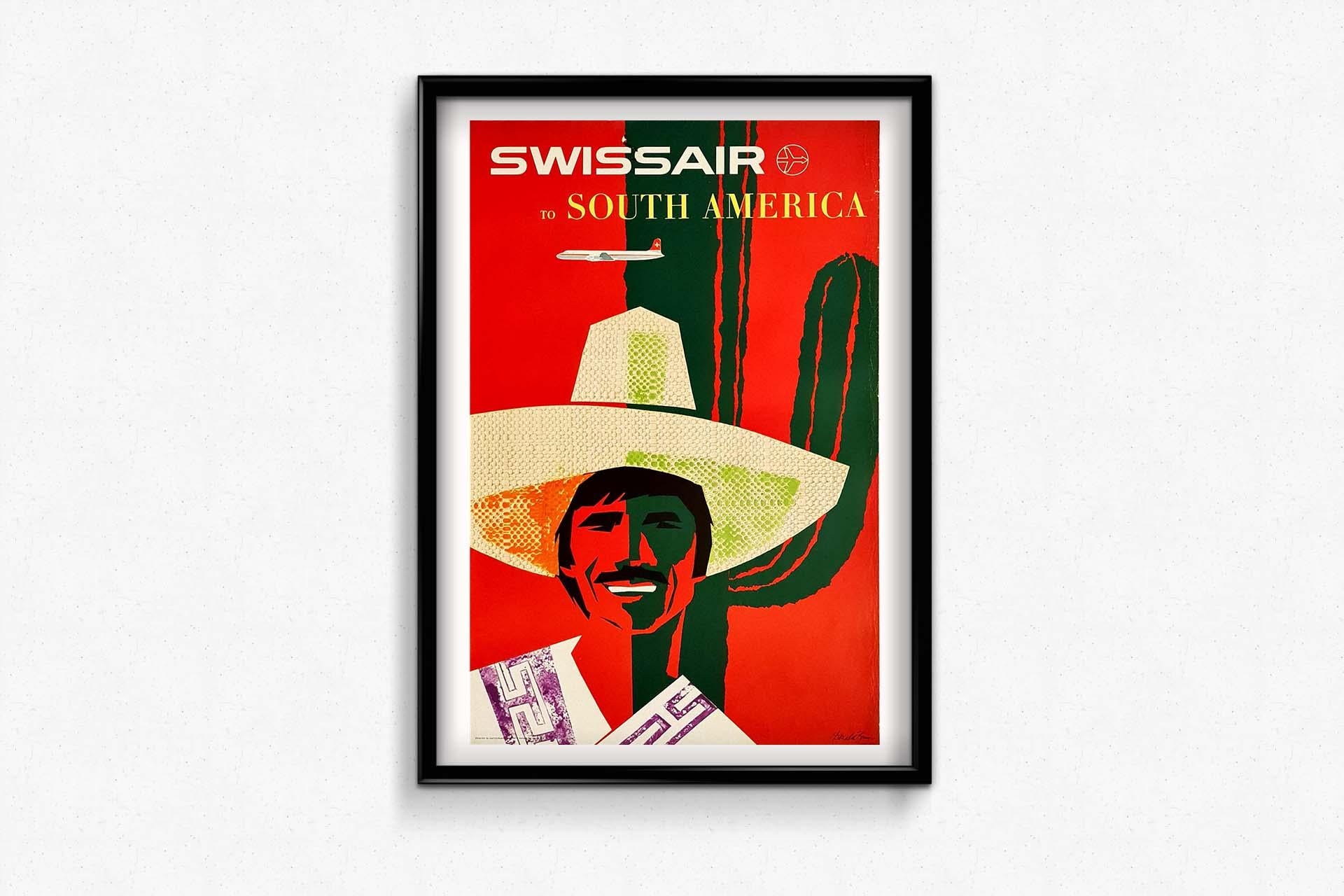 1958 Originalplakat von Brun (1909-1999) für Swissair nach Südamerika im Angebot 2