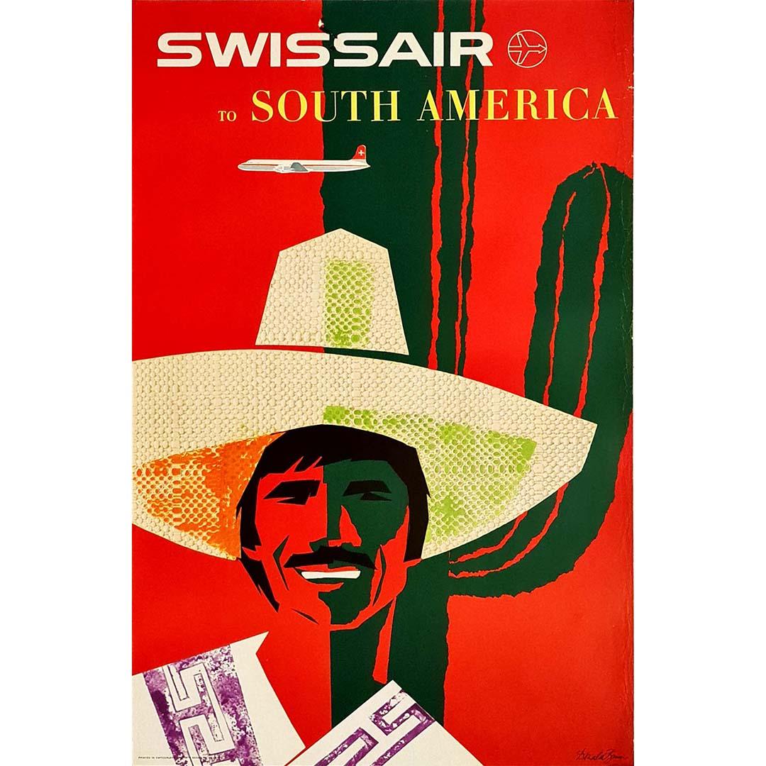 1958 Original poster by Brun (1909-1999) for Swissair to South America - Print by Donald Brun