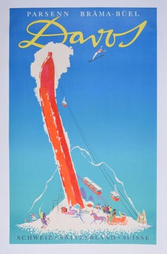Affiche de ski vintage originale de Donald Brun, Davos, Suisse 