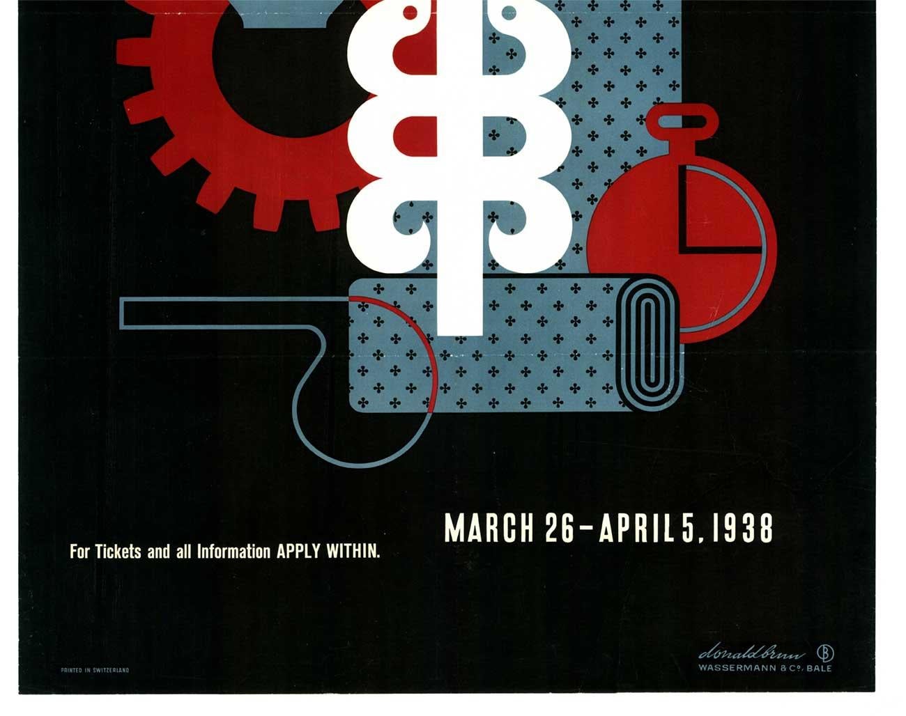 Original Schweizer Industriemesse Basel englische Version vintage antikes Plakat (Art déco), Print, von Donald Brun