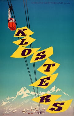 Original Vintage Poster Klosters Alpine Skiing Winter Sport Grisons Switzerland