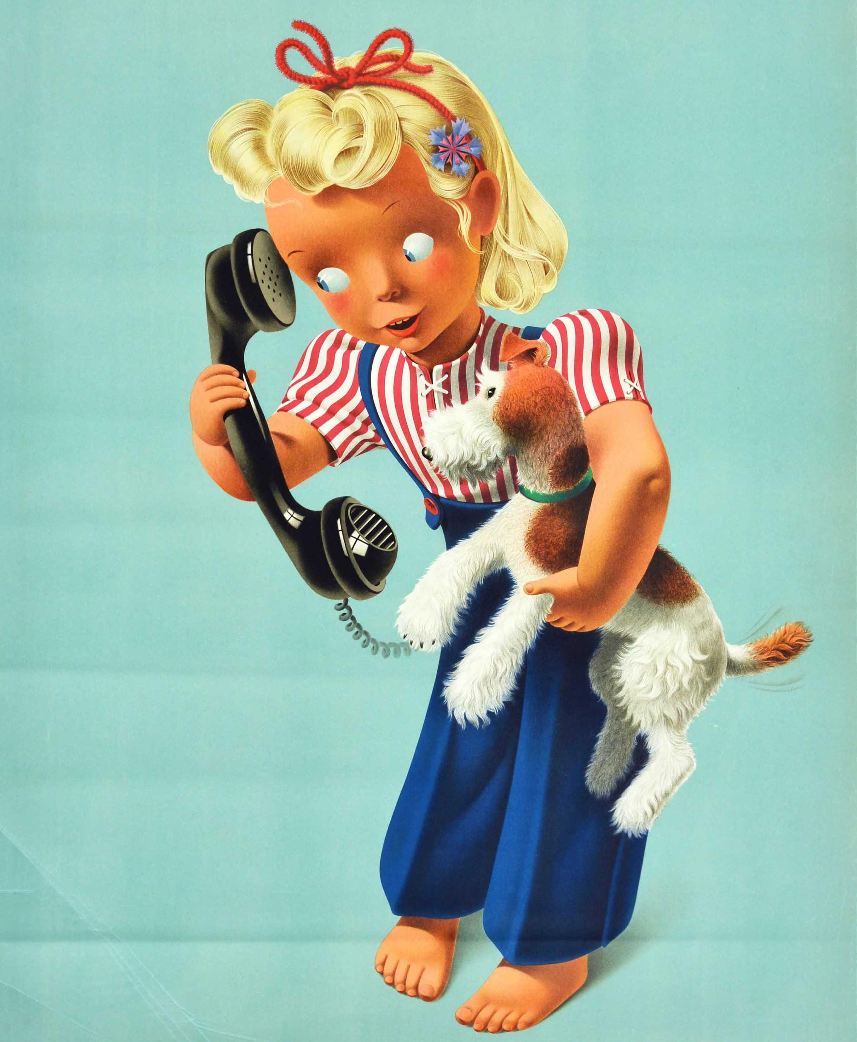 Affiche publicitaire vintage originale pour Swiss Telecom - Telephonez ! - comportant une adorable illustration de Donald Brun (1909-1999) représentant une jeune fille vêtue d'une chemise à rayures rouges et blanches et d'une salopette bleue avec