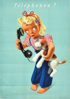 Affiche vintage originale Telephonez ! Art publicitaire suisse des téléphoniques, fille et chien