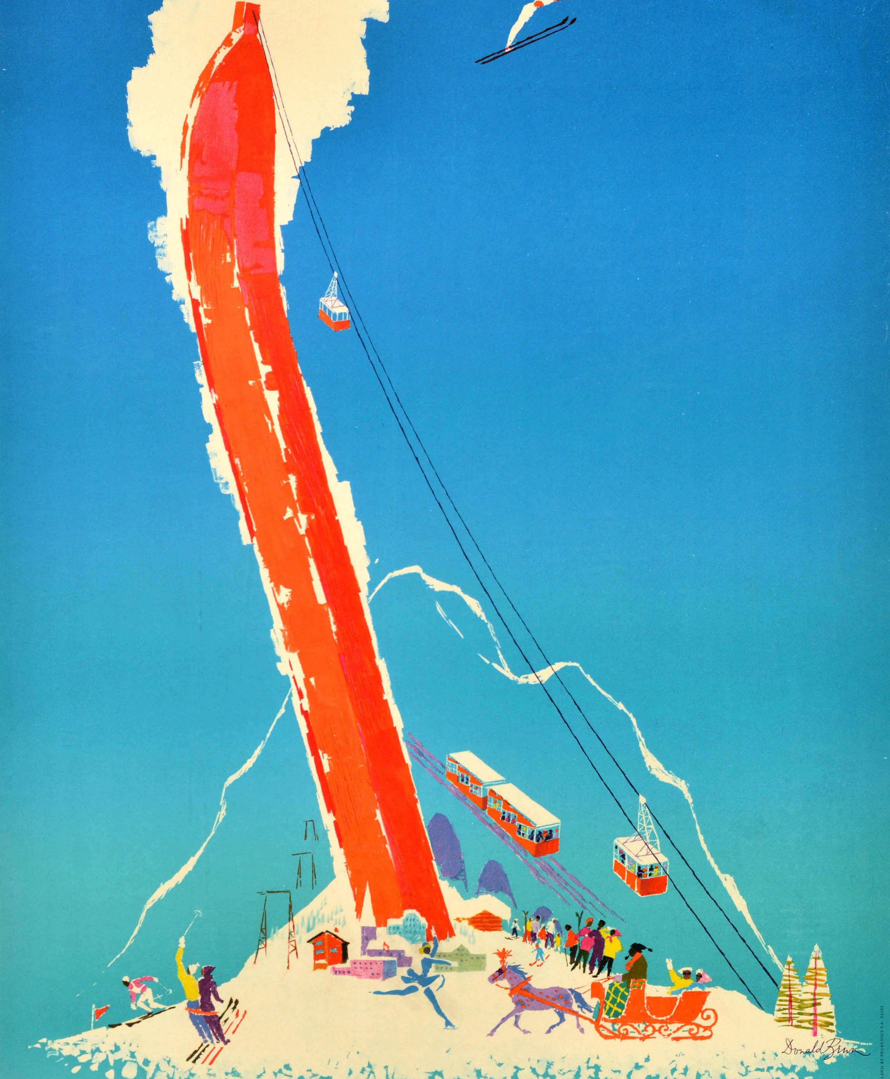 Original Vintage Winter Sport Ski Resort Travel Poster Davos Switzerland Brun - Print by Donald Brun