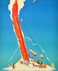 Original Vintage Winter Sport Ski Resort Travel Poster Davos Switzerland Brun