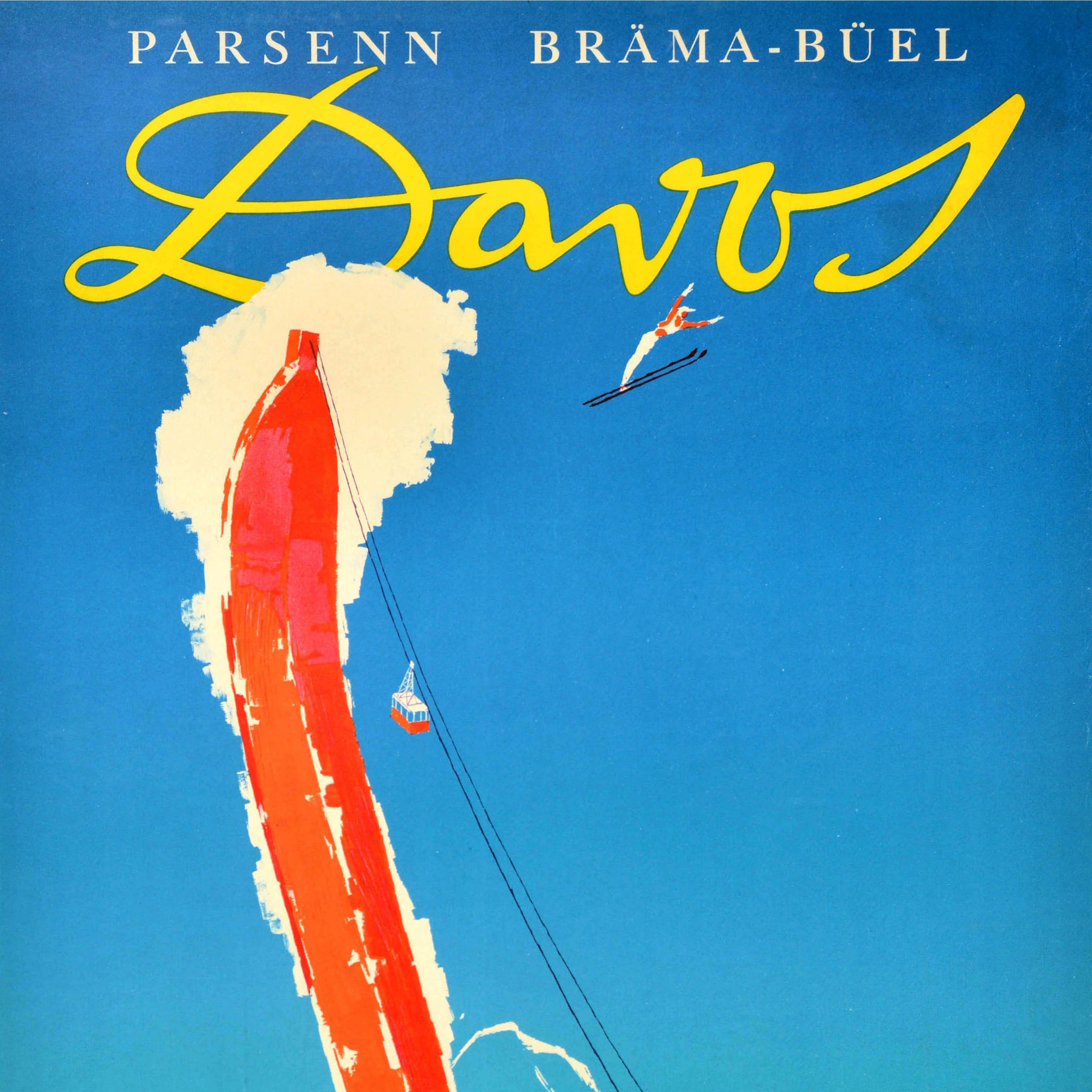 Original Vintage Winter Sport Ski Resort Travel Poster Davos Switzerland Brun - Blue Print by Donald Brun