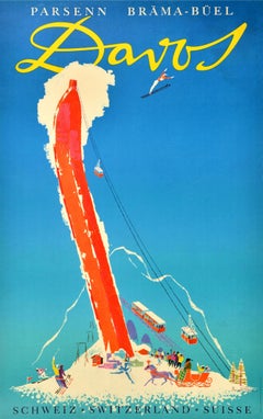 Original Vintage Winter Sport Ski Resort Travel Poster Davos Switzerland Brun