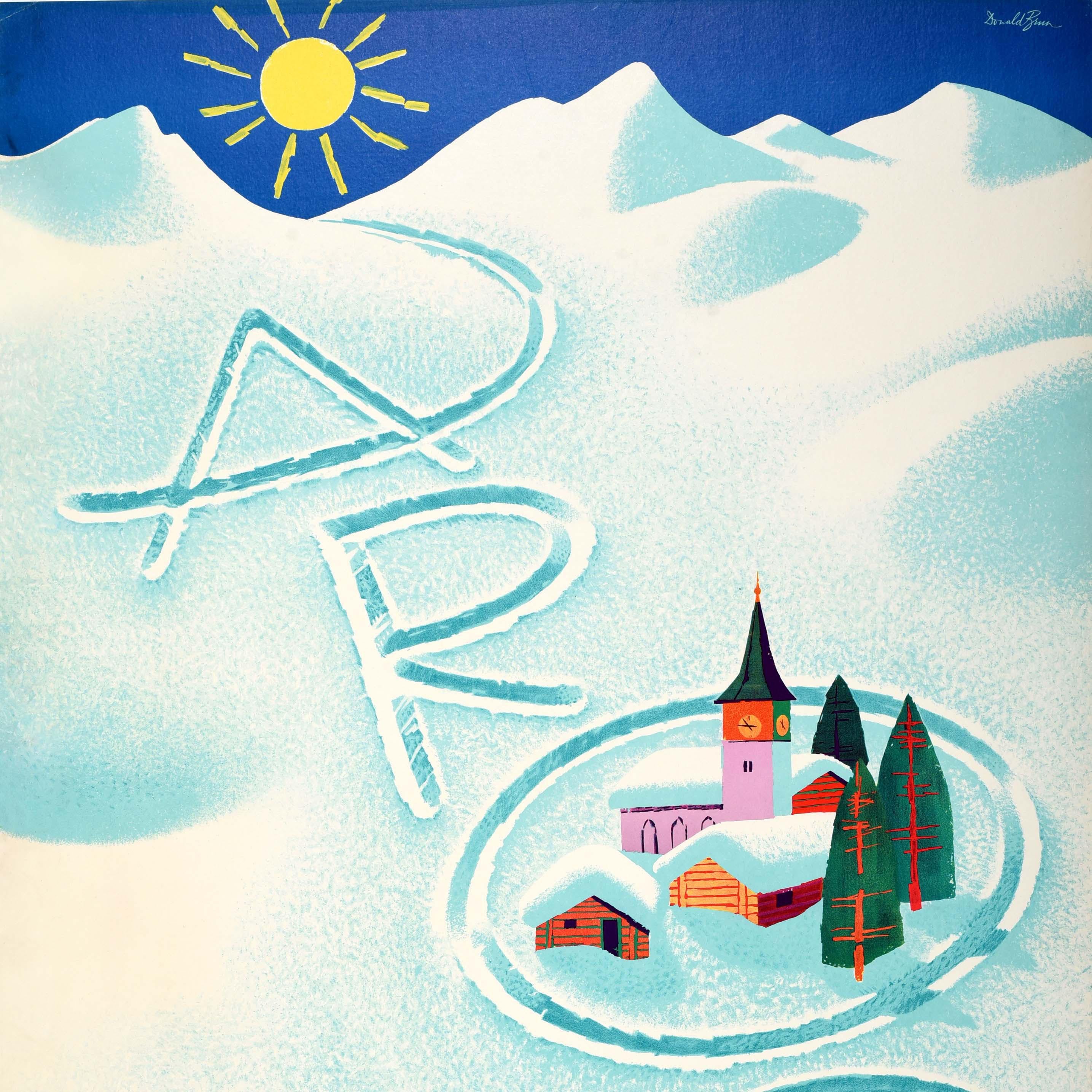 Original Vintage Winter Sport Travel Poster Arosa Ski Switzerland Donald Brun For Sale 1