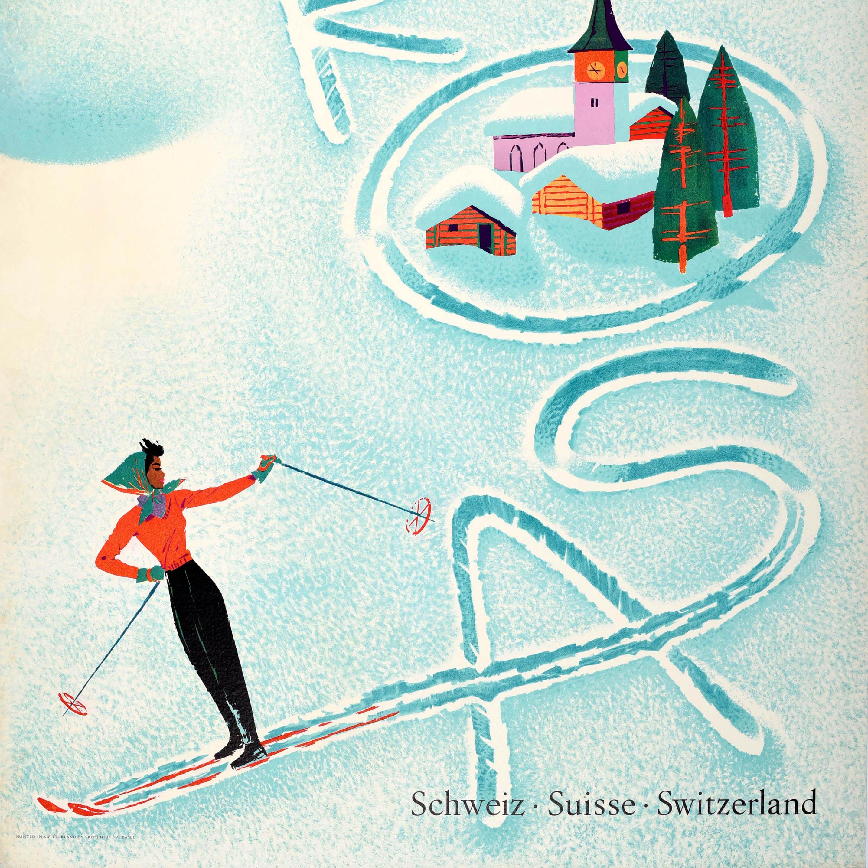 Original Vintage Winter Sport Travel Poster Arosa Ski Switzerland Donald Brun For Sale 2