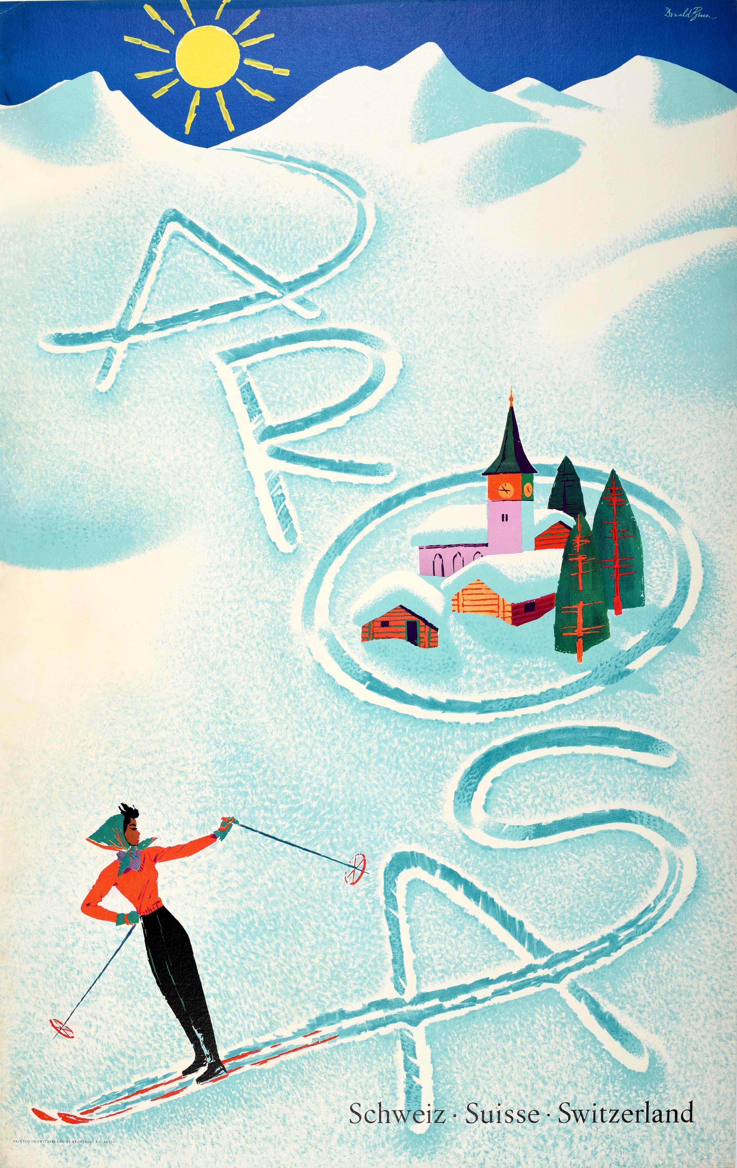 Donald Brun - Poster di viaggio per sport invernali originale d'epoca Arosa  Ski Switzerland Donald Brun in vendita su 1stDibs