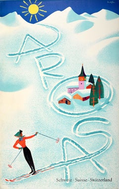 Original Vintage Winter Sport Travel Poster Arosa Ski Switzerland Donald Brun