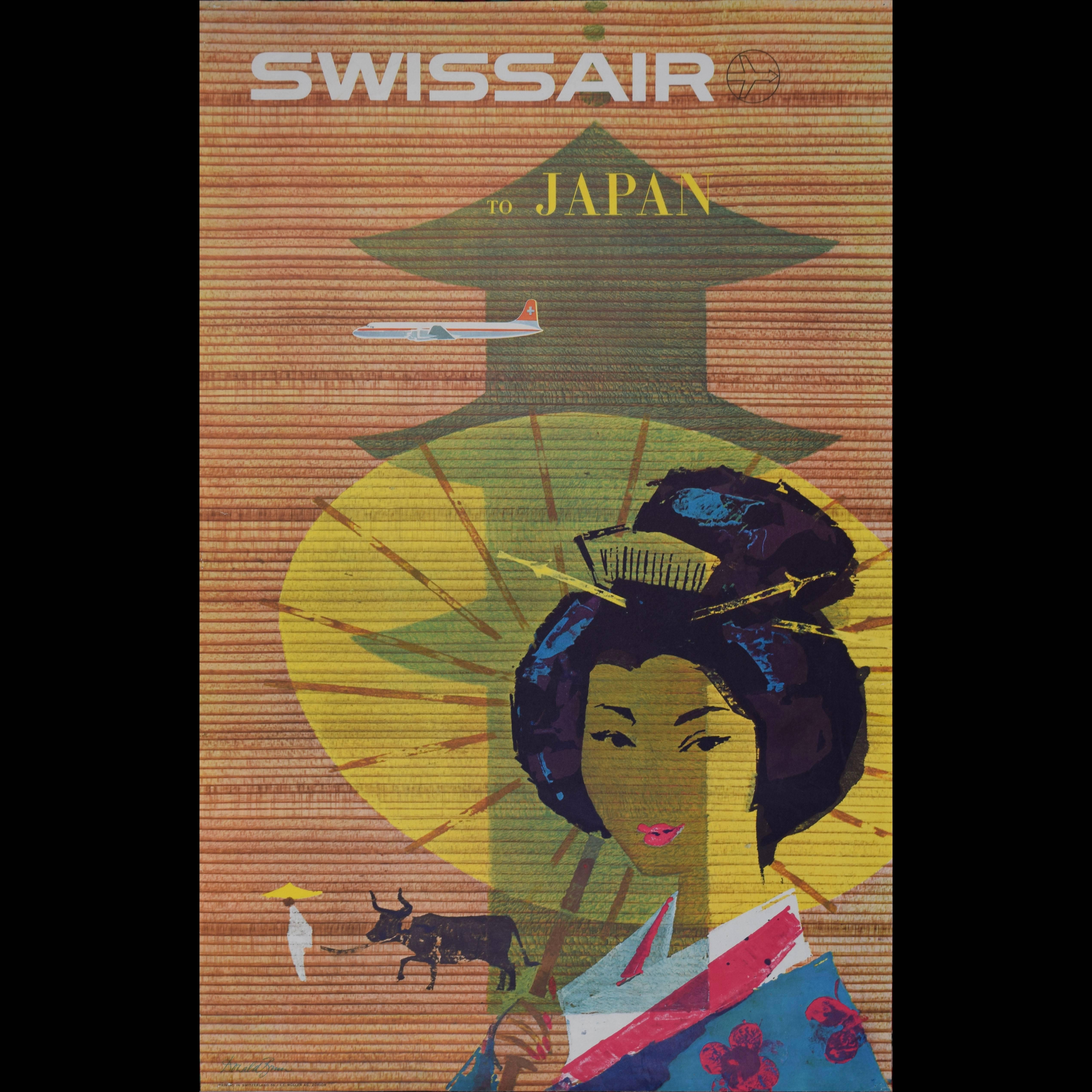 Donald Brun Figurative Print - Travel Poster: Swissair to Japan 1958 original vintage Swiss - Japanese
