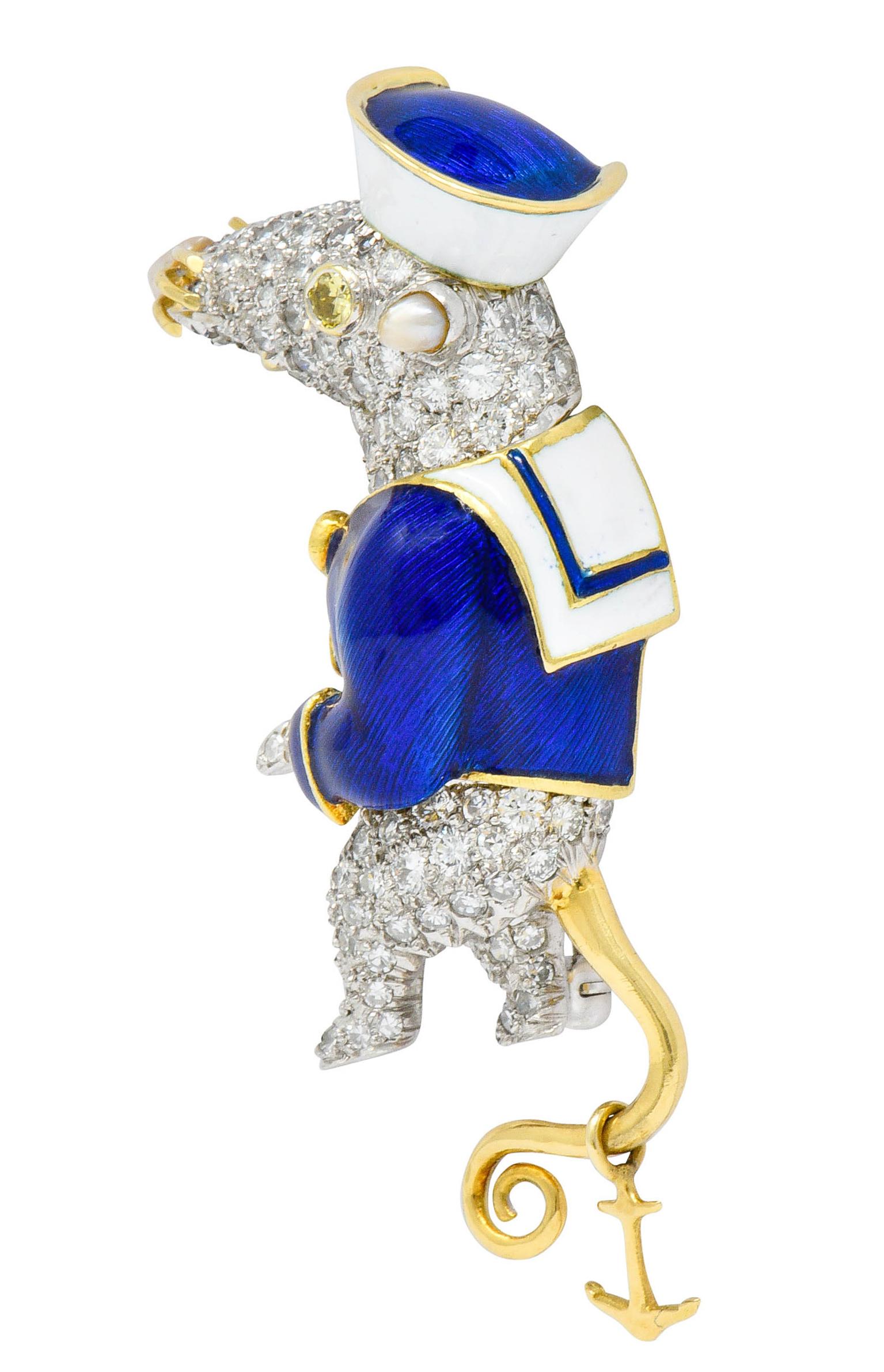Modernist Donald Claflin Tiffany & Co. Diamond Enamel Platinum Gold Sailor Mouse Brooch