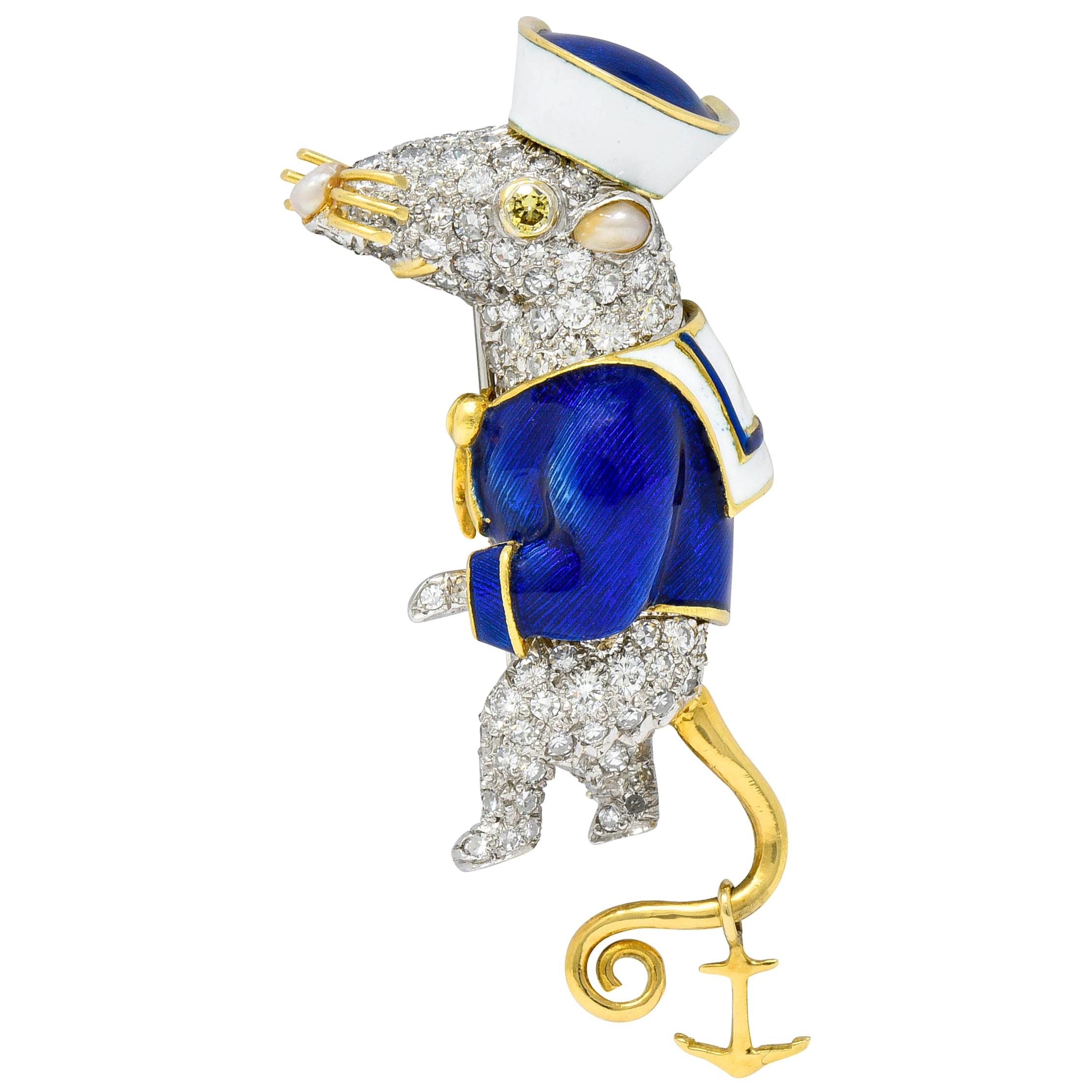 Donald Claflin Tiffany & Co. Diamond Enamel Platinum Gold Sailor Mouse Brooch