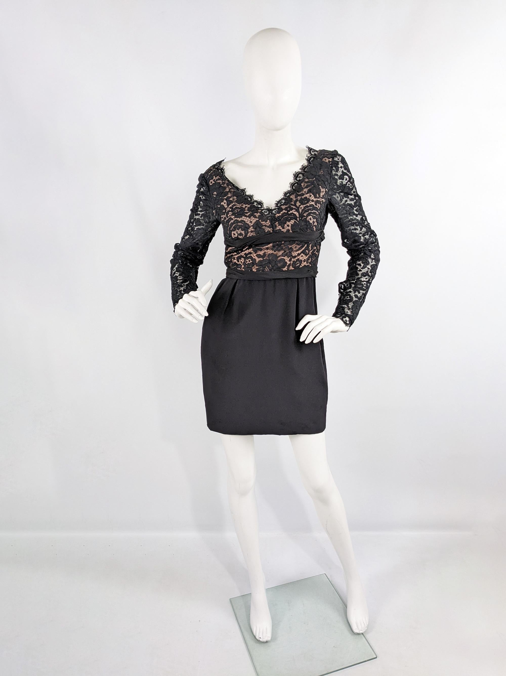 A glamorous vintage womens party dress from the 80s by luxury American designer, Donald Deal for high end department store, Bergdorf Goodman. In a nude fabric with a sexy, sheer lace overlay and a black wool skirt.

Size: Marked vintage 4 but